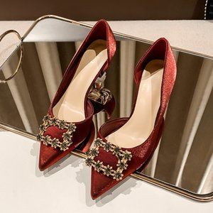 Diamond high -heeled shoes red side empty shoes